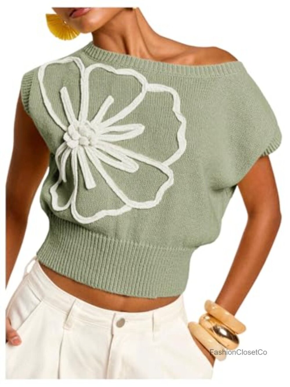 Floral Knit Crop Sweater Vest Off Shoulder Short Sleeve Top